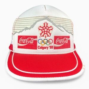Vintage 1988 Calgary Winter Olympics Coca Cola Three Stripe TruckerSnapback Hat